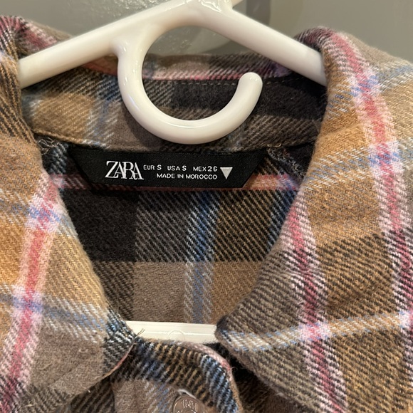 Zara Oversized Plaid Shacket Overshirt Flannel Jacket Tan Pink Navy - Picture 6 of 8